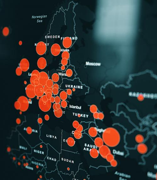 		 Red dots on a dark map
	