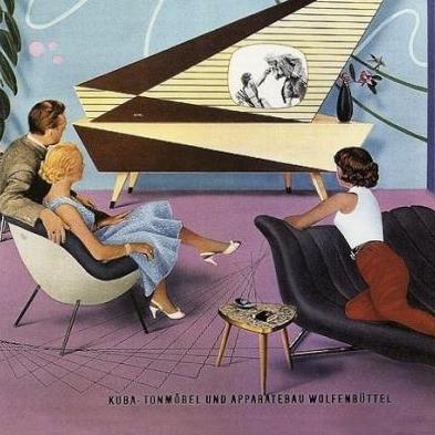 		Retro illustration: people in stylish living room
	