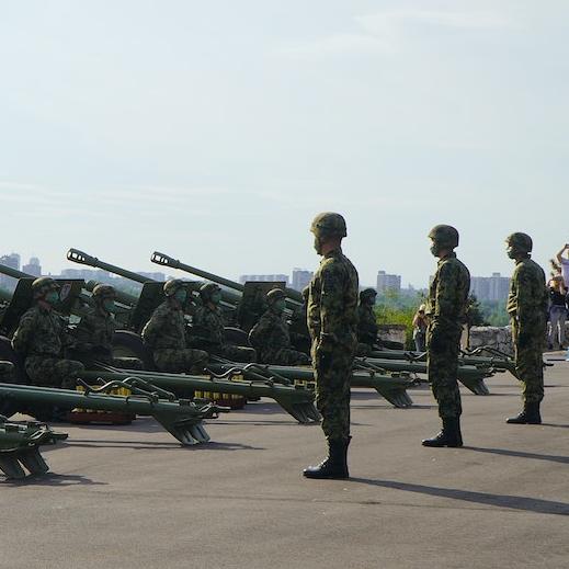 		Solders stand at attention behind a row of heavy guns
	