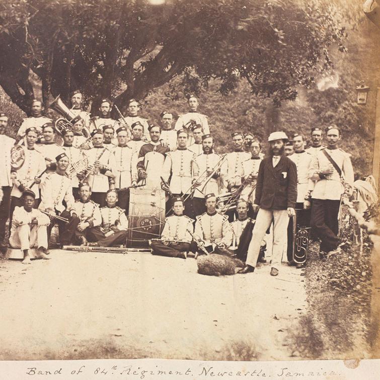 		Historical black and white photo of a military band
	