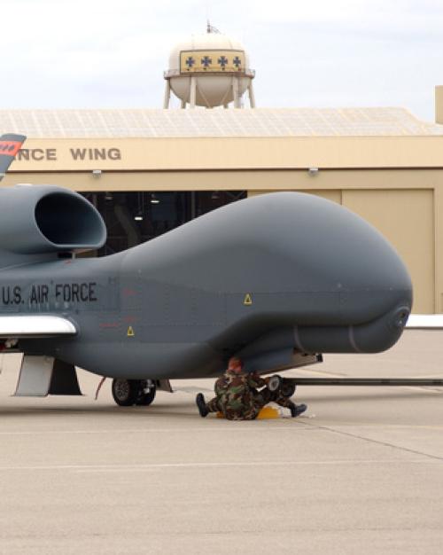 		Unmanned aerial vehicle parked on a runway
	