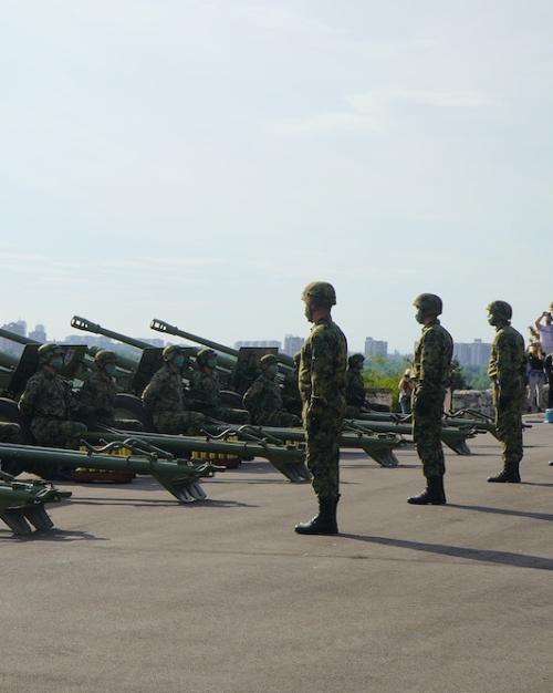 		Solders stand at attention behind a row of heavy guns
	