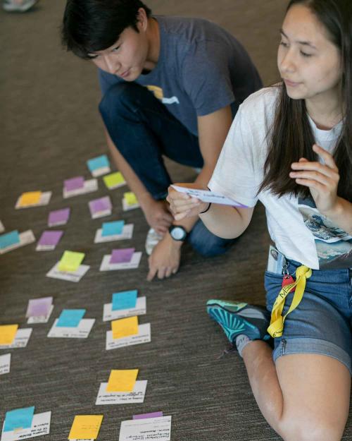 students looking at post-it notes