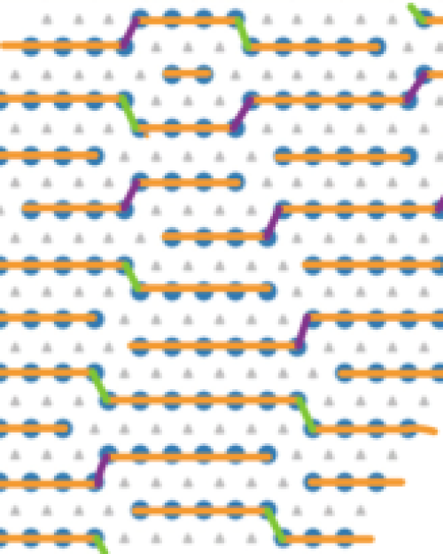 		abstract pattern featuring green dots in neat rows, intersected by orange lines
	