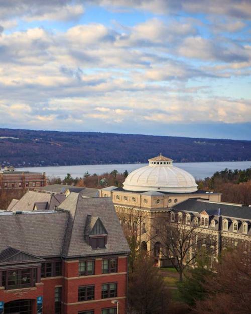 		Campus buildings seen from above, under a partly cloudy sky
	