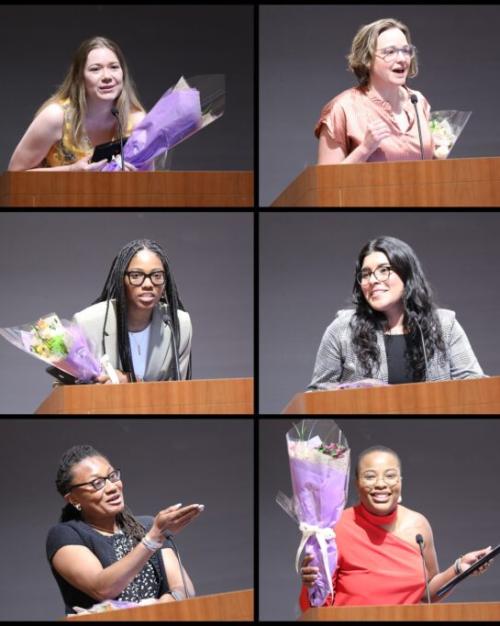 		A grid of images of several people accepting awards at a podium
	