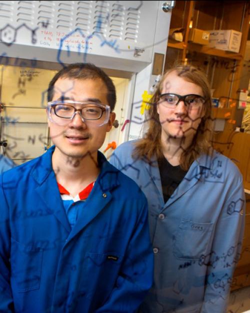 		Two professors in lab coats looking at chemistry writing on a white board
	