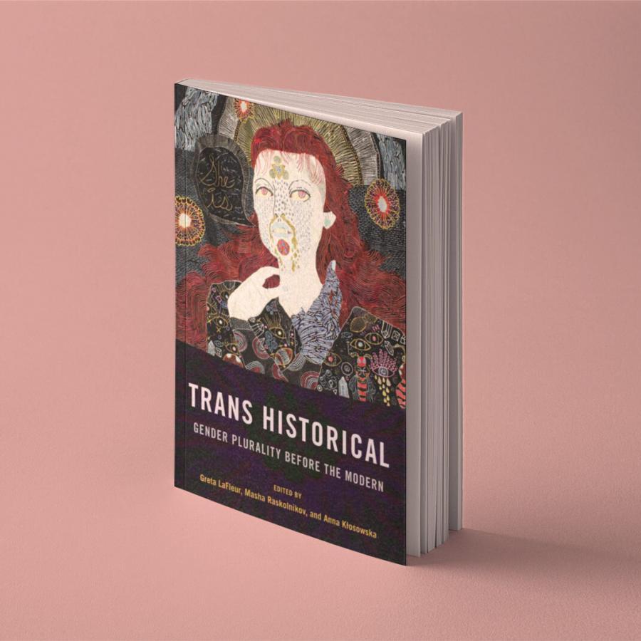 The cover of Trans Historical showing a person with long red hair and a mustache. 