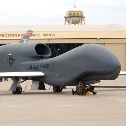 Unmanned aerial vehicle parked on a runway