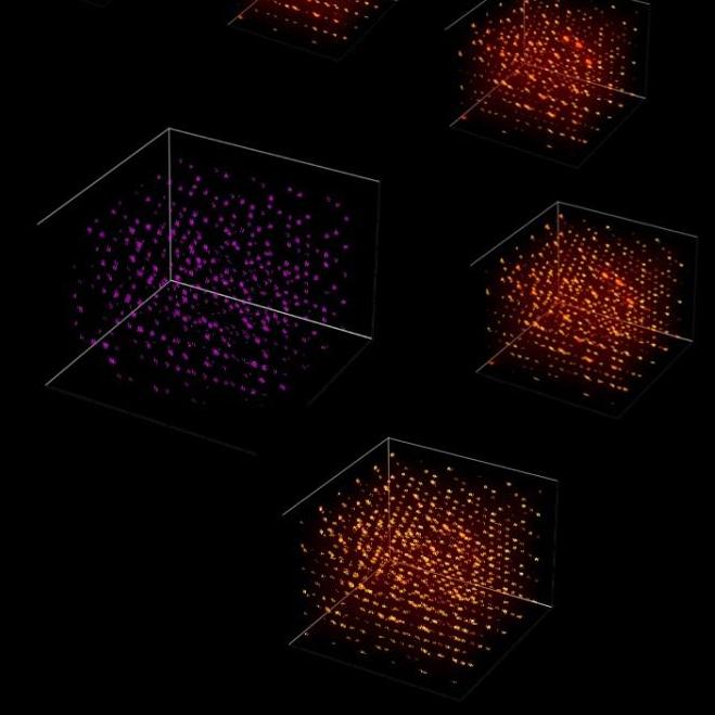 Five clusters of bright orange light surrounding one cluster of dimmer magenta light