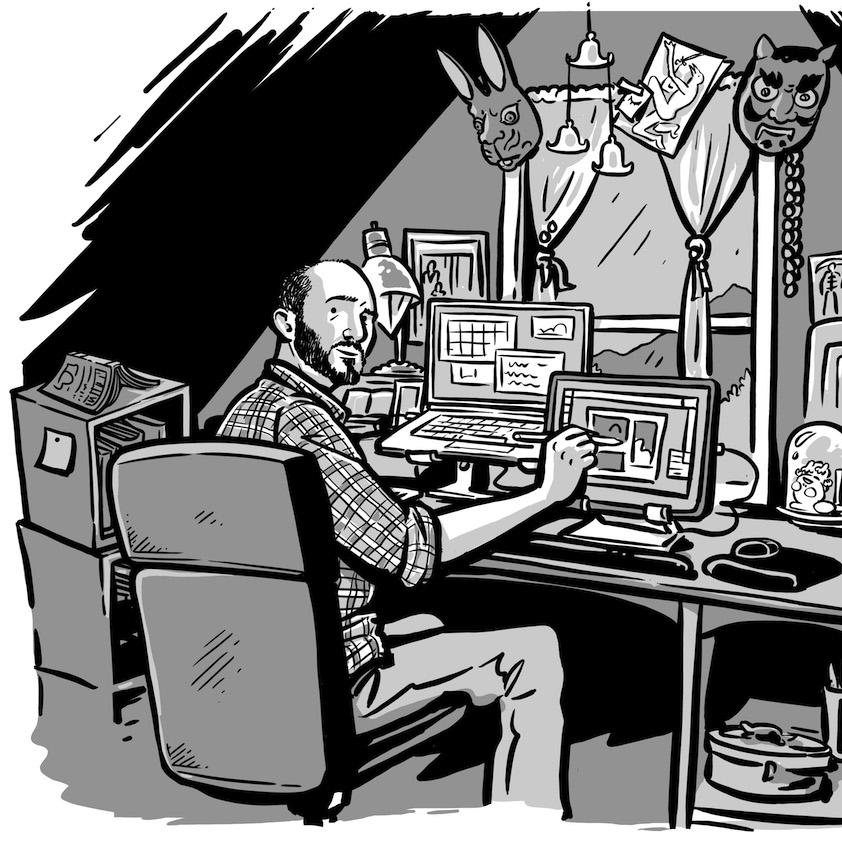 Black and white comic image of a person sitting at a desk, drawing