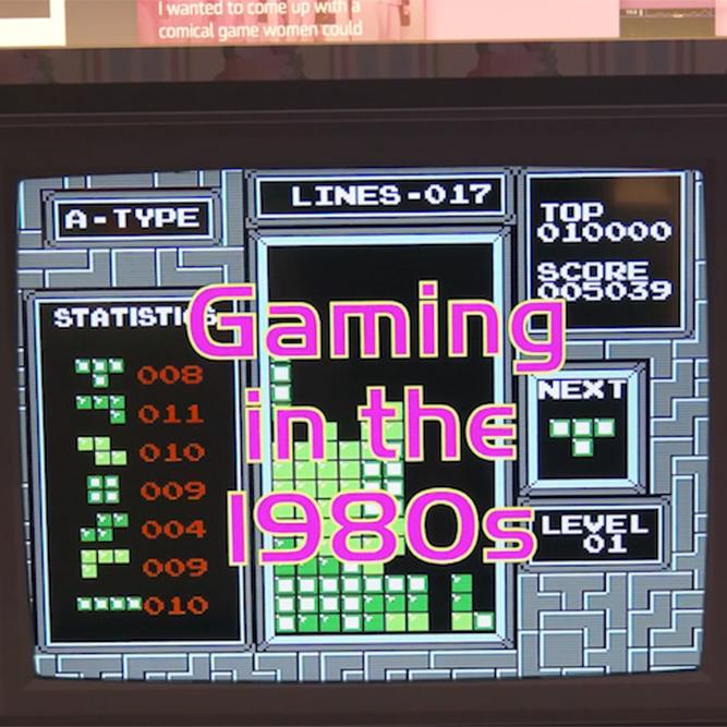 		screen showing game-style text that says "Gaming in the 1980s"
	
