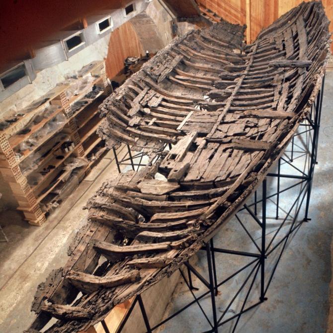 Ancient ship underbody, just a skeleton of wood