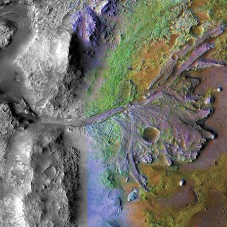 		 Multi-colored terrain on Mars, seen from above
	