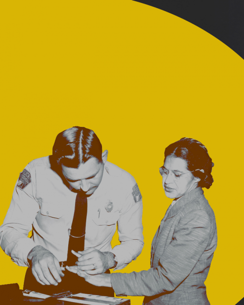 Poster featuring photo of woman and police officer