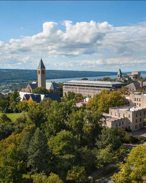 View of Cornell campus from above; under a blue sky