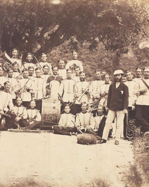 Historical black and white photo of a military band