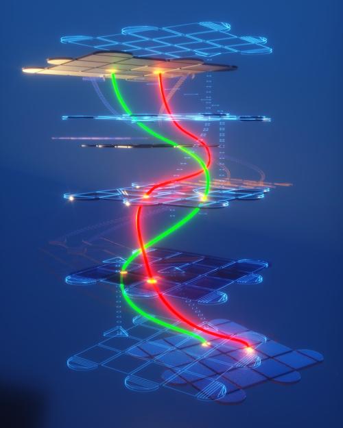 Illustration: stack of blue grids shot through with green and red glowing lines