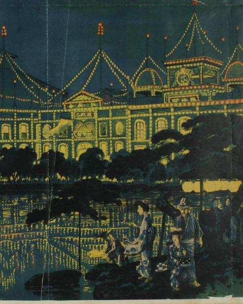 Illustration of an enchanting city scene: buildings outlined in glowing lights that are reflected in a pool