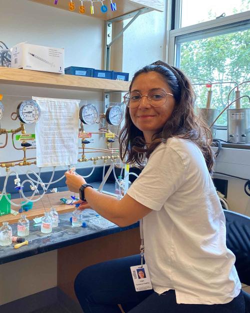 		Ligia Coelho, with wire glasses and t-shirt, smiling at the camera next to her lab bench with dials and beakers and wires connecting them
	