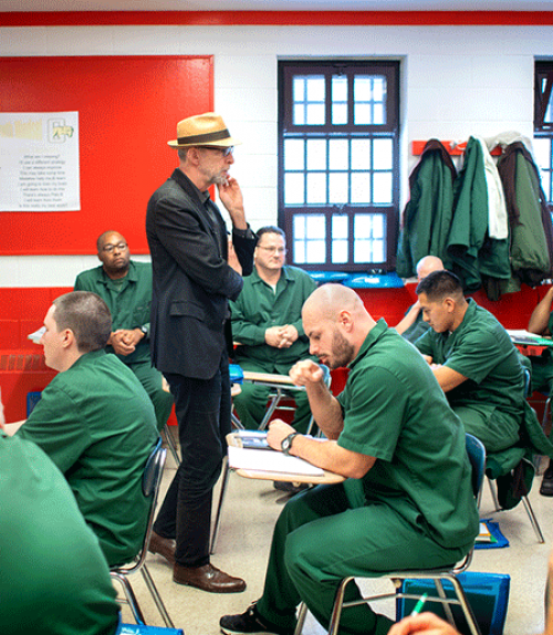  Professor Joe Margulies interacts with his students at Cayuga Correctional Facility in Moravia, New York