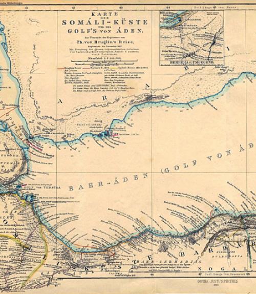  German map showing the Gulf of Aden around 1860. Credit: By August Heinrich Petermann (Somaliland and Aden: Images from the Past) [Public domain], via Wikimedia Commons