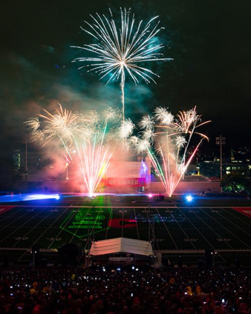 Fireworks over the Cornell Crescent at the football field 