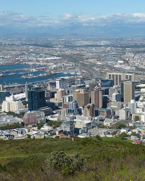 City with mountains beyond