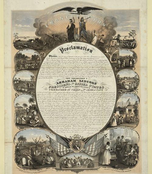  Print shows at center the text of the Emancipation Proclamation with vignettes surrounding it; on the left are scenes related to slavery and on the right are scenes showing the benefits attained through freedom; also shows Justice and Columbia at the top 