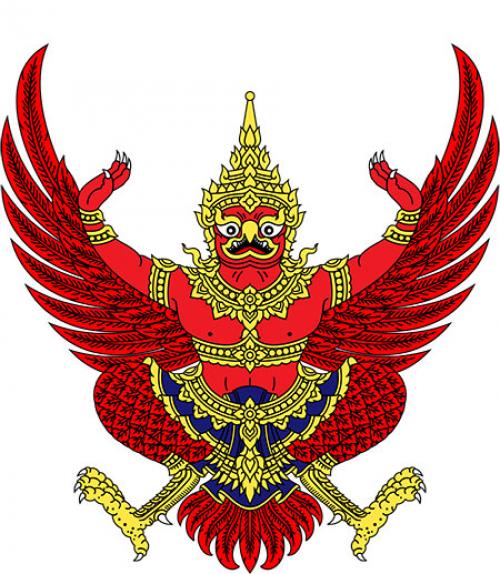  A figure with wings and bird feet and the torso of a man, with Thai jewelry and crown