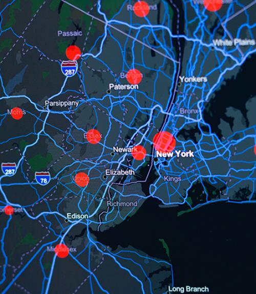  Dark map of New York, red data points