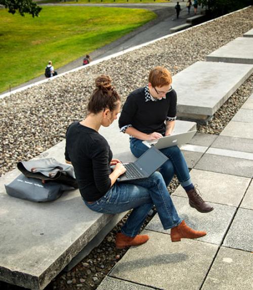  A man and woman sitting on the terrace of Olin Library, working on their computers