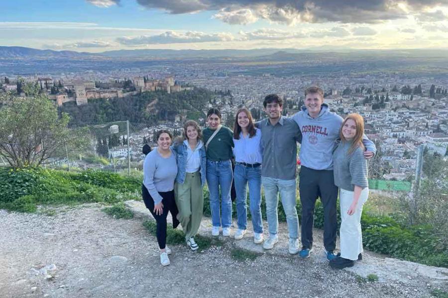 a group of people on an overlook outside a city