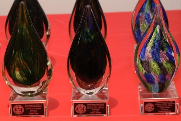 Six awards made of colored glass