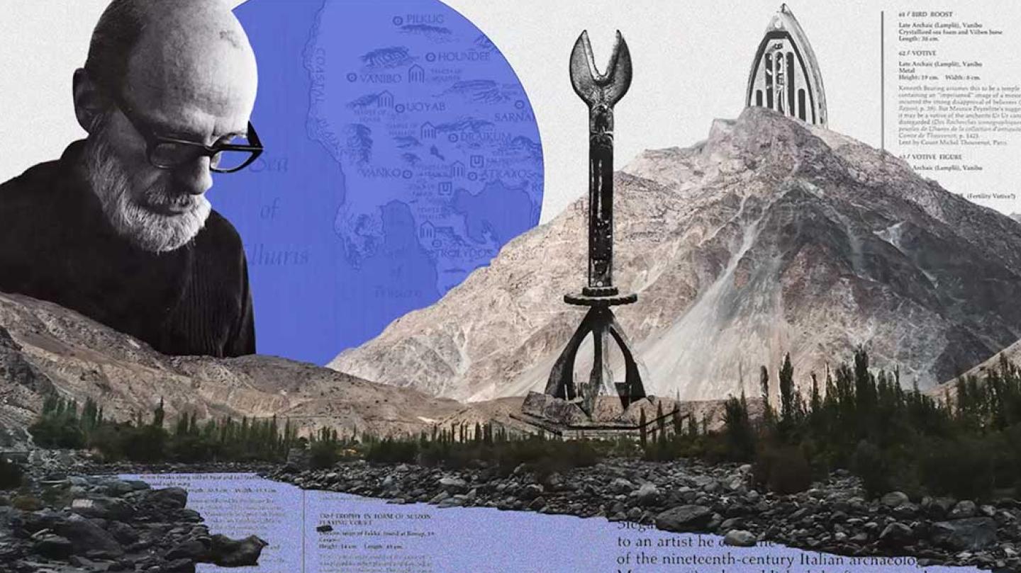 Composit image of a man wearing glasses, a purple moon, a mountain, and a metal monument