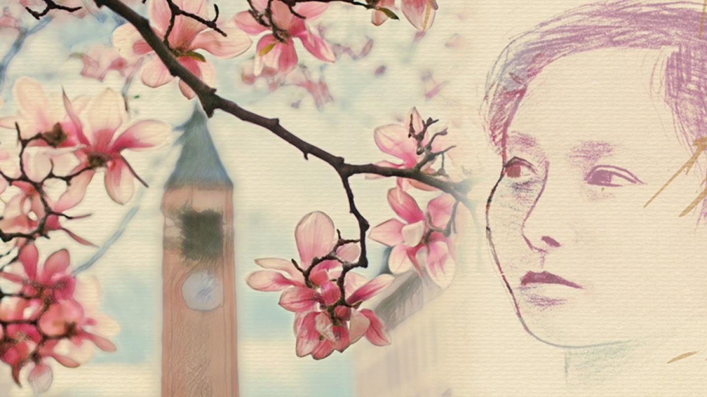 Drawing collage showing a face, a branch with pink blossoms and a clock tower