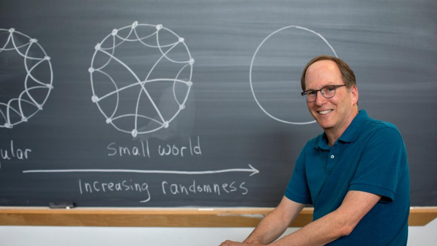 Steven Strogatz in front of a blackboard with "small world" and an illustration on it showing a circle and interconnected lines inside