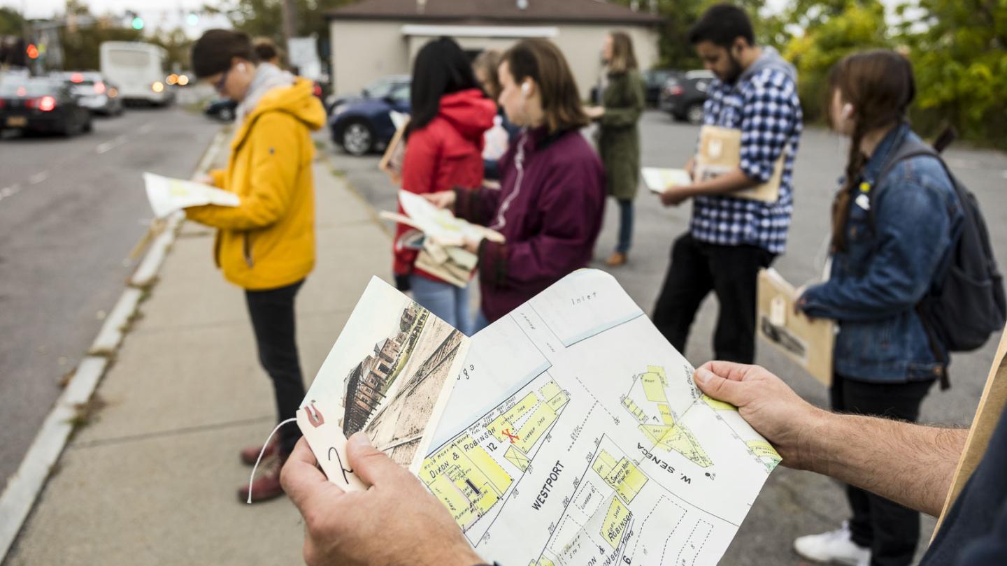 Students reading maps